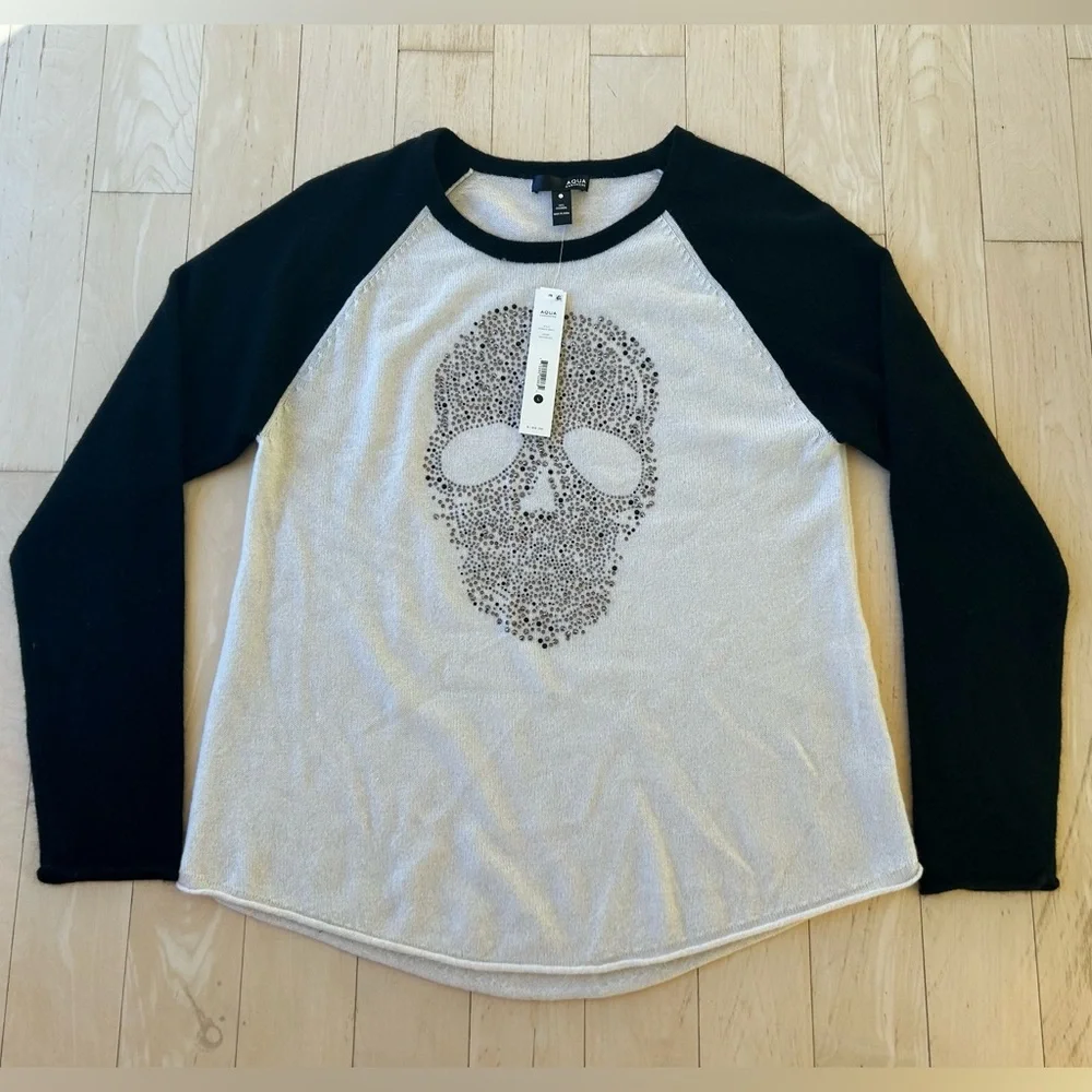 Aqua 100% Cashmere Embellished Skull Cashmere Baseball Style Sweater Large NWT